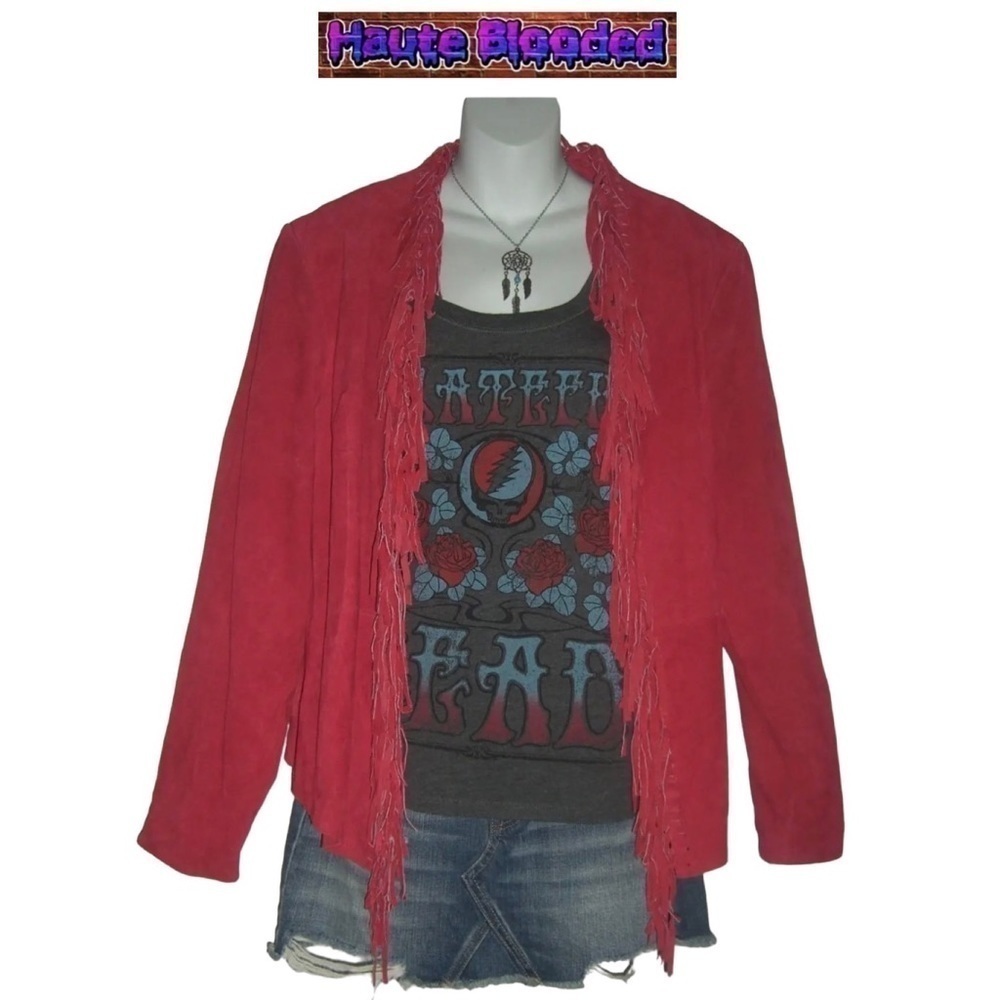 Dialogue Red Leather Fringe Jacket Suede Machine Washable Rad 80's Style Sz L